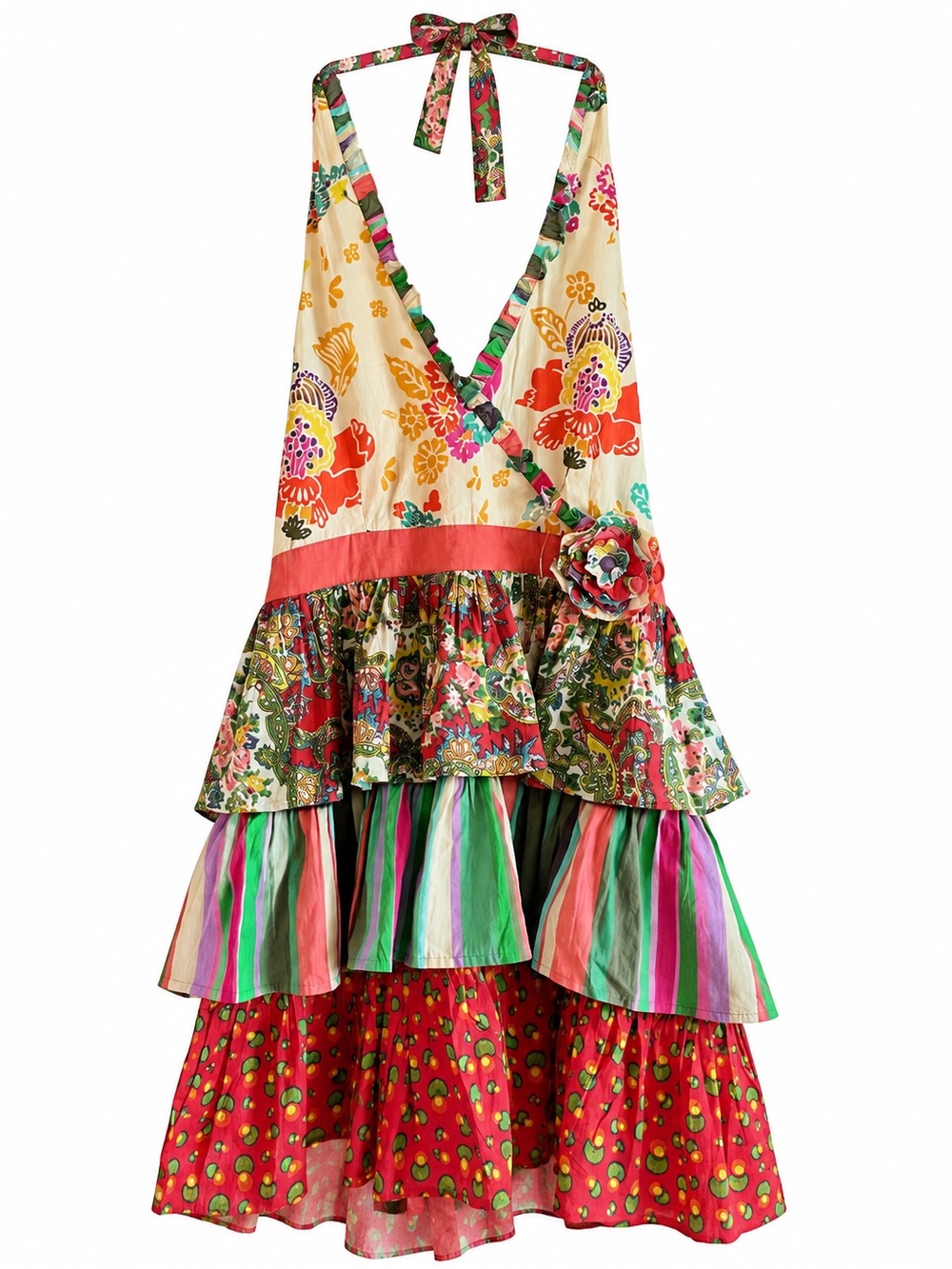 Pier 1 Multicolor Floral Mixed Pattern Tiered Halter Tie Apron – One Size NWT